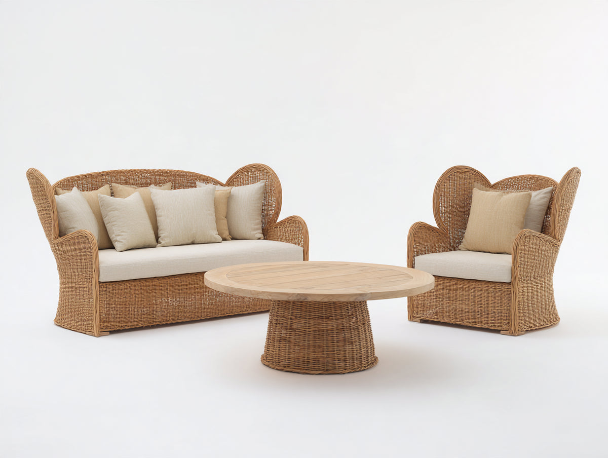 Sofá de exterior de ratán 185x85x95 cm - Marrón natural y beige - conjunto de 3 piezas estilo clásico
