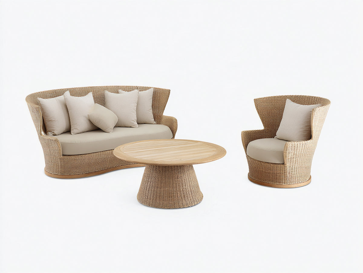 Sofá de exterior de ratán 180x85x95 cm - beige y madera natural - conjunto de 3 piezas con mesa redonda