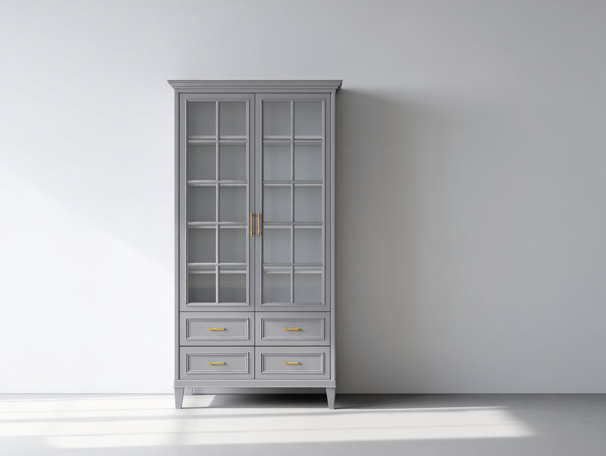 Vitrina de madera 95 x 42 x 195 cm - gris y dorado - 2 puertas acristaladas y 4 cajones con diseño clásico moderno