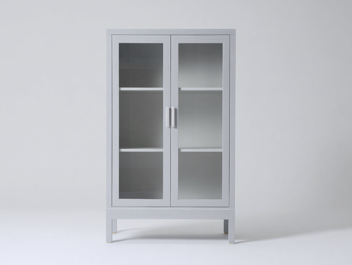Vitrina 88 x 40 x 175 cm - gris - 2 puertas de cristal con estantes interiores y diseño moderno elevado