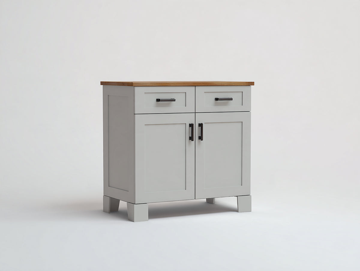Aparador de madera 110x42x95 cm - Gris claro y madera natural - 2 cajones 2 puertas y diseño moderno