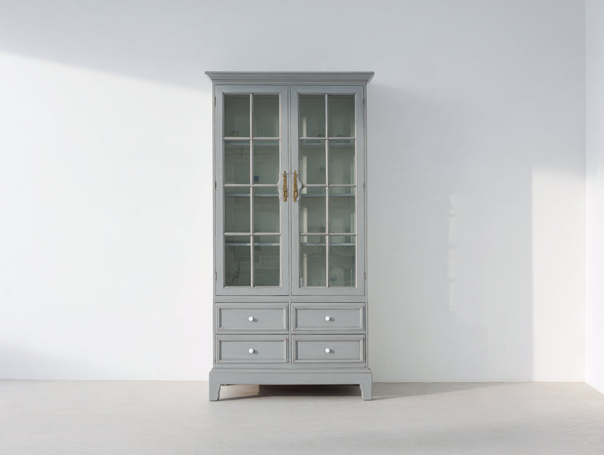 Vitrina 95 x 42 x 190 cm - gris - 2 puertas de cristal y 4 cajones con diseño clásico