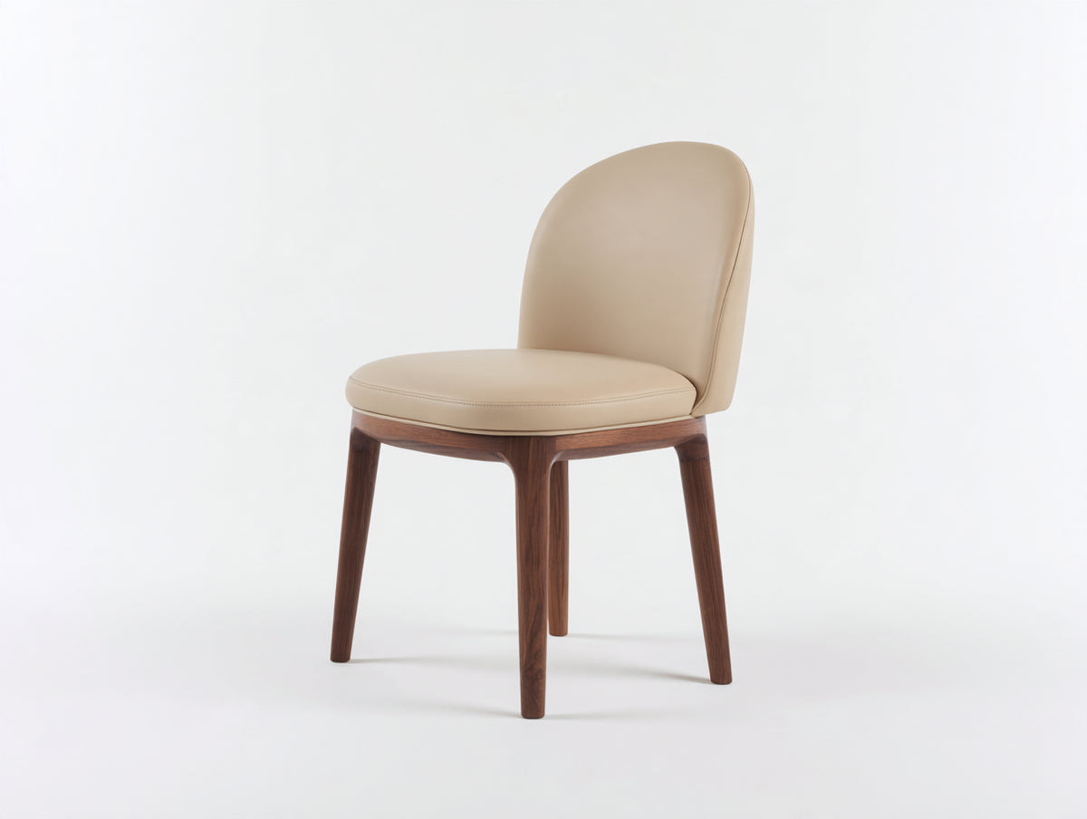 Silla de comedor tapizada en cuero sintético 52x57x84 cm - Beige y madera nogal - respaldo curvado y diseño moderno