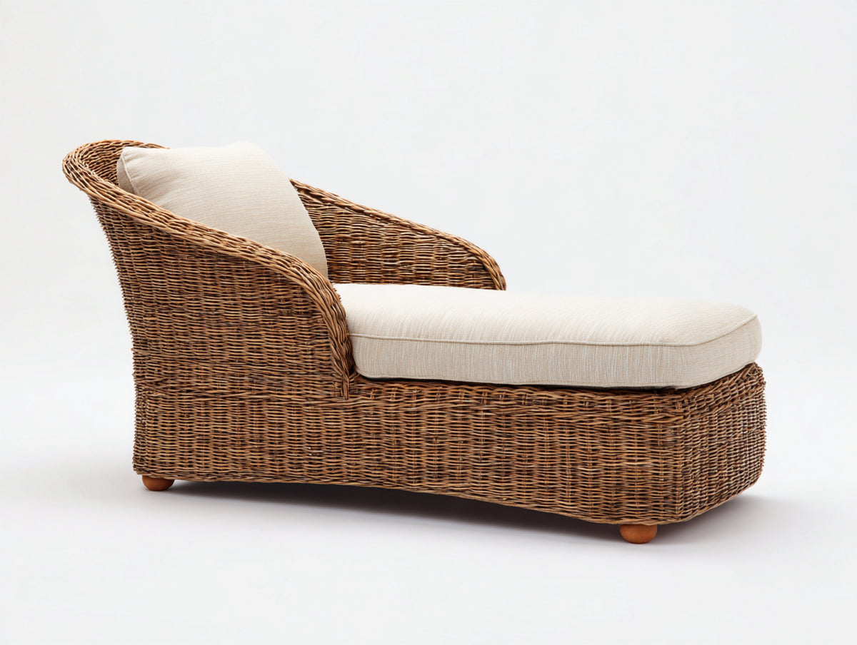 Tumbona de ratán tejido 185x75x90 cm - Marrón natural y beige - diseño reclinado con reposabrazos