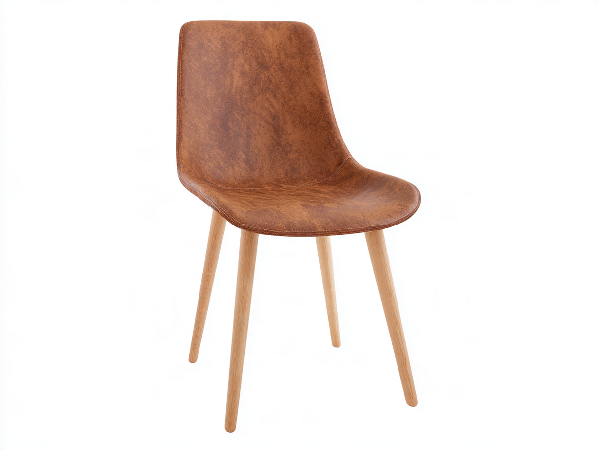 Silla de comedor tapizada en cuero sintético 49x56x87 cm marrón coñac y roble natural - respaldo curvo y patas de madera