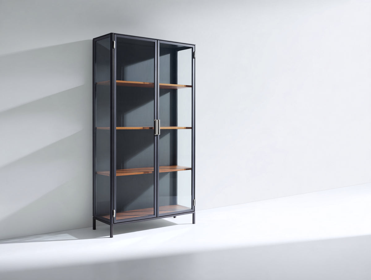 Vitrina de metal vidrio y madera 90x40x180 cm negro y nogal - 2 puertas acristaladas con diseño industrial moderno